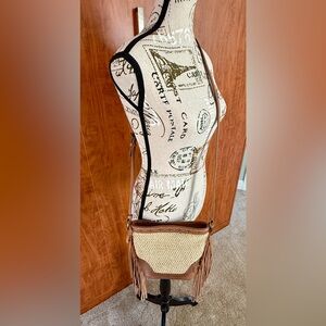 Frye Ava Rafia and Leather Mini Bucket Crossbody Bag with Fringe